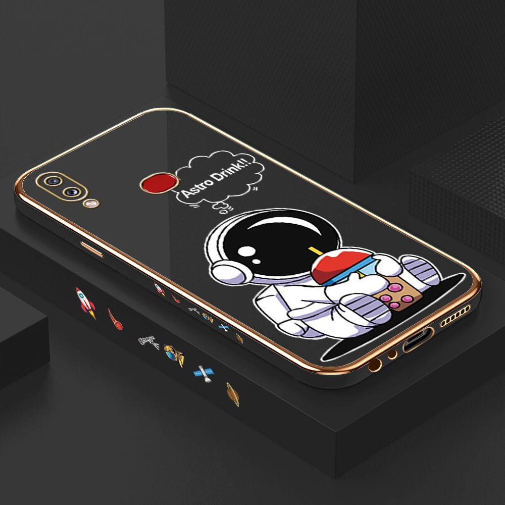 Luxury 6D Plating Case for Samsung A10S Cute Cartoon Happy Astronaut Side Pattern Back Cover Soft Silicone Square Phone Cases + Free Lanyard