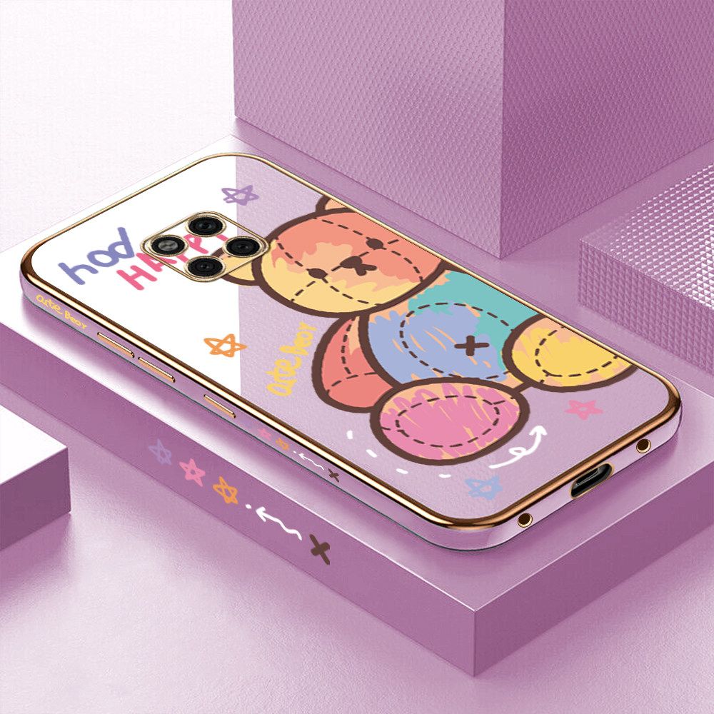 Luxury 6D Plating Case for Huawei Mate 20 Pro Color Cartoon Doll Bear Side Pattern Back Cover Soft Silicone Square Frame Shiny Bling Phone Cases + Free Lanyard