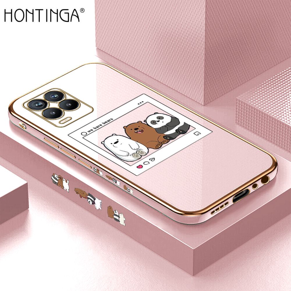 Hontinga for Realme 8 4G / 8 Pro Back Cover + Free Lanyard Luxury 6D Plating Photo three bears Side Pattern Case Soft Silicone Square Mobile Cover