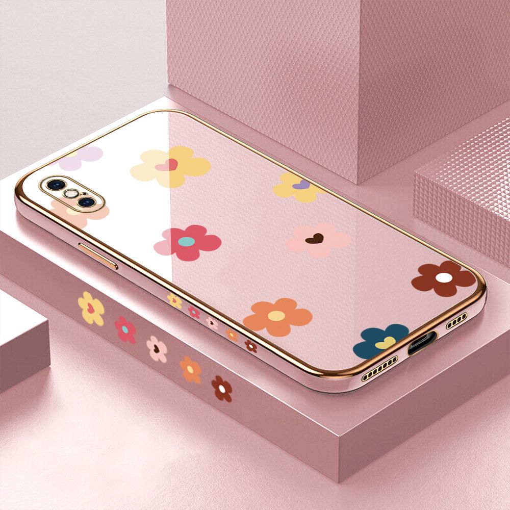 Luxury 6D Plating Case for iPhone XS MAX Color Cartoon Flowers Side Pattern Back Cover Soft Silicone Square Frame Shiny Bling Phone Cases + Free Lanyard