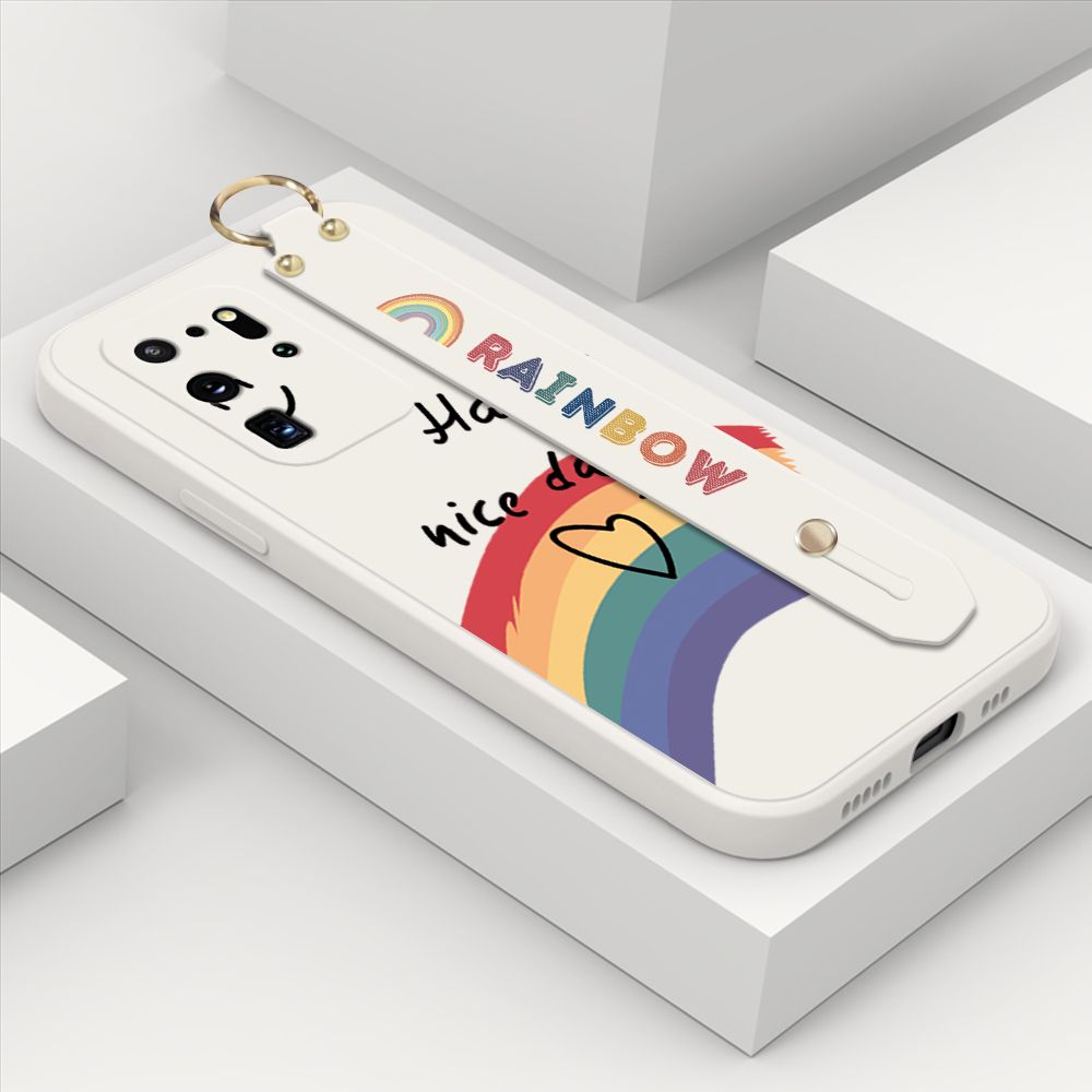 ZeroQiQi for Samsung Galaxy S20 Ultra Wrist Strap Case Lovely Graffiti Rainbow Smile Thin Phone Cover Square Edge Liquid Silicone Creativity Phone Case
