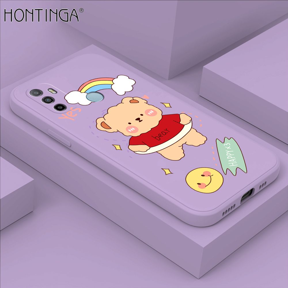 Hontinga for OPPO A53 2020 Case Lovely Cartoon Bear Phone Case Phone Case Soft Square Edge Silicone Cases Full Lens Cover Shockproof Protection Cover