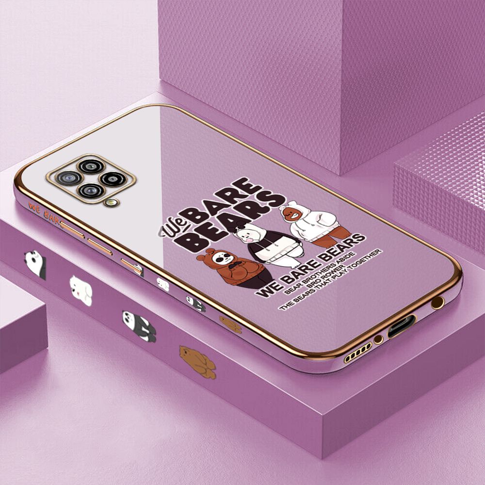 Luxury 6D Plating Case for Samsung A42 5G Three Little Bears Side Pattern Back Cover Soft Silicone Square Phone Cases + Free Lanyard