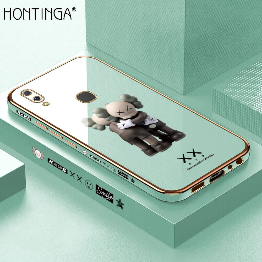 Hontinga for Vivo V9 Back Cover + Free Lanyard Luxury 6D Plating Cartoon Hug bear Side Pattern Case Soft Silicone Square Mobile Cover
