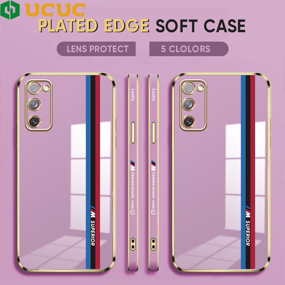 UCUC for Samsung Galaxy S20 FE S20FE 5G Back Cover + Free Lanyard Track Sign Luxury 6D Plating Case Side Pattern Soft Silicone Square Phone Cases