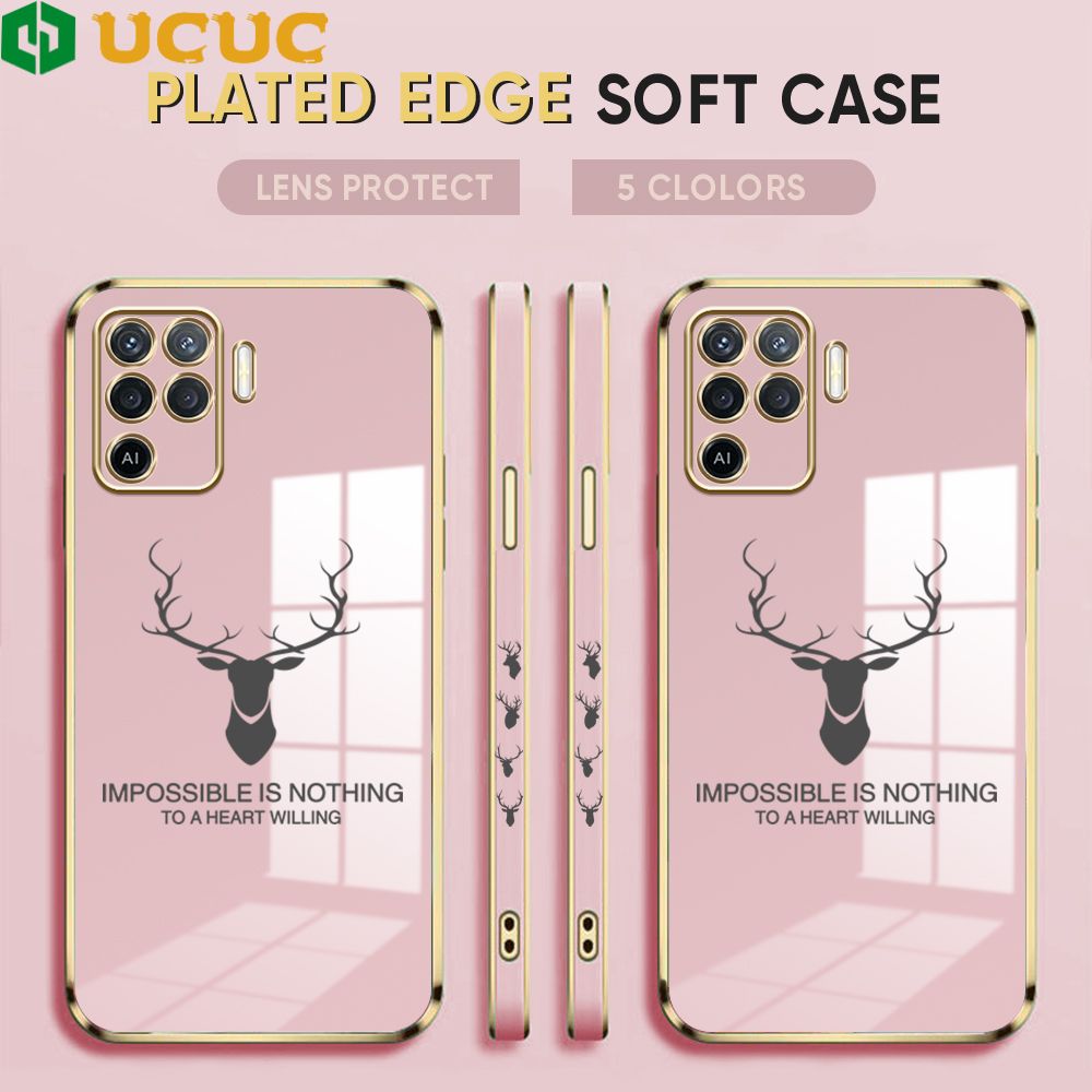 UCUC for OPPO F19 Pro / A94 4G / Reno 5 Lite / Reno5 F Back Cover + Free Lanyard Simple Antlers Luxury 6D Plating Case Side Pattern Soft Silicone Square Phone Cases