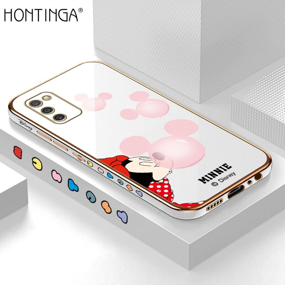 Hontinga for Samsung A02S Back Cover + Free Lanyard Luxury 6D Plating Cartoon Bubble Mouse Side Pattern Case Soft Silicone Square Mobile Cover