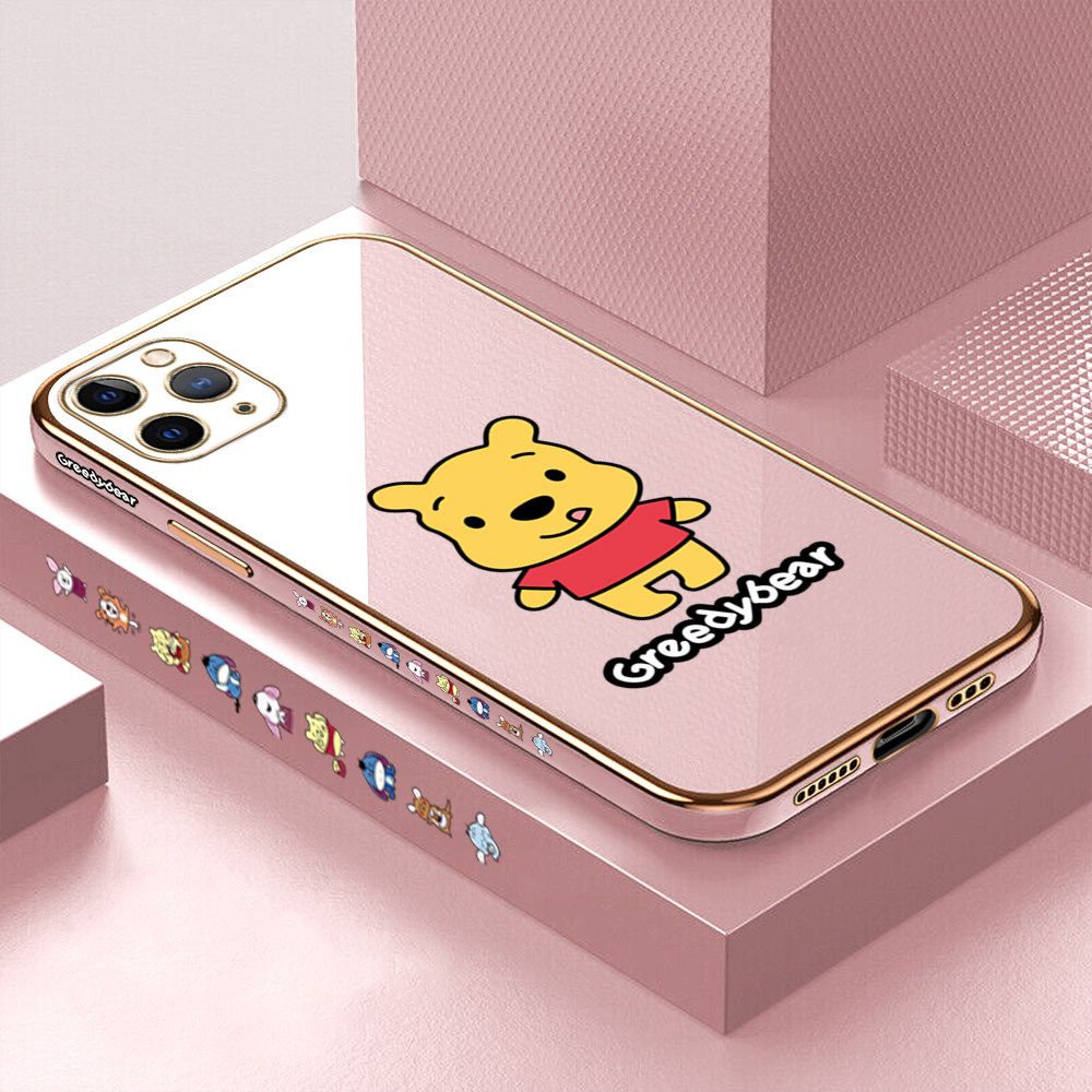 Luxury 6D Plating Case for iPhone 11 Pro Max Squirming Little Sweet Bear Side Pattern Back Cover Soft Silicone Square Frame Shiny Bling Phone Cases + Free Lanyard