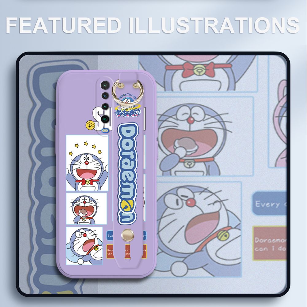 UCUC for Xiaomi Poco X2 Wrist Strap Case Creative Cartoon Doraemon's Daily Life Cover Ultra Thin Anti Fall Liquid Silicone Phone Case
