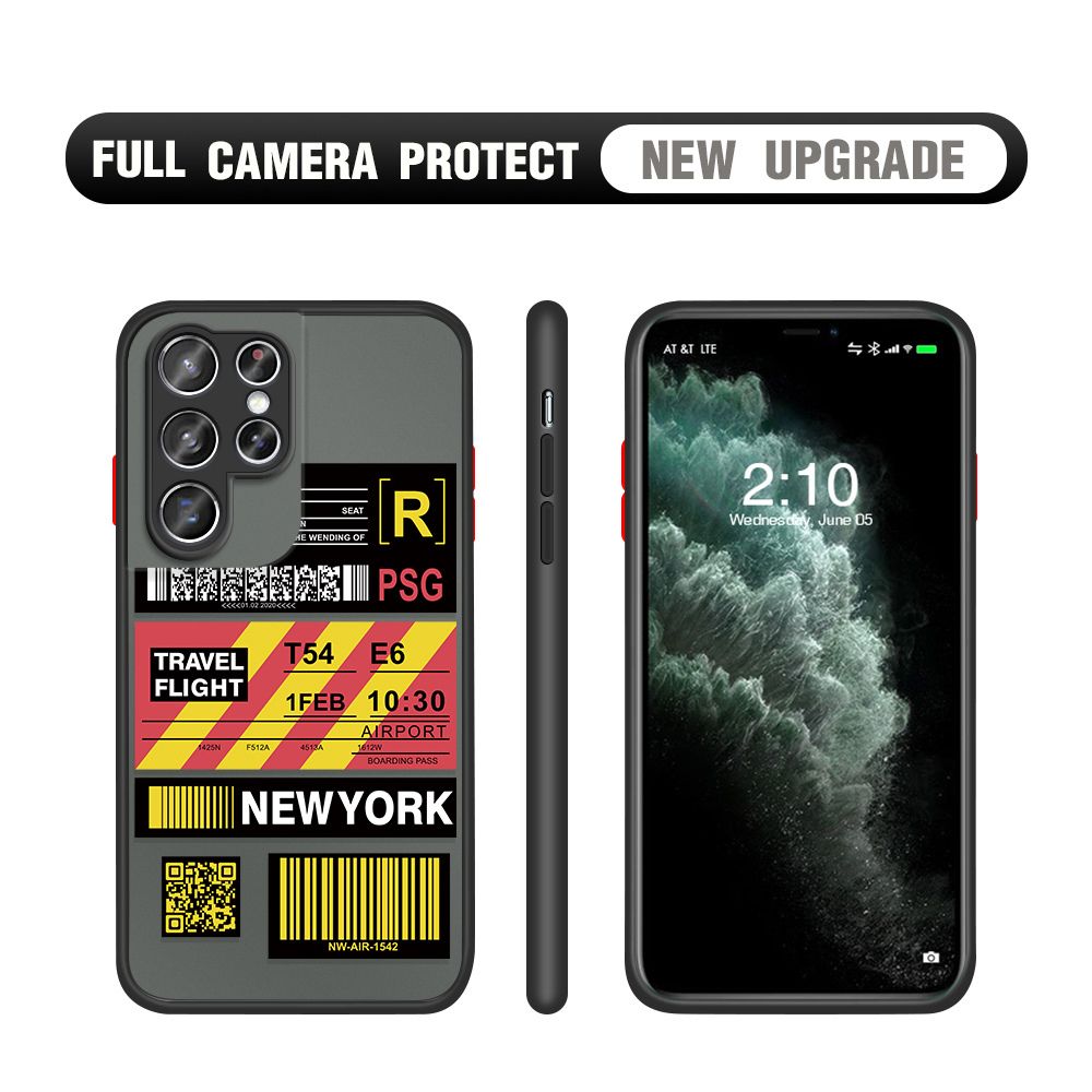 Hontinga for Samsung S21 Ultra 5G Case Creative Flight Ticket Cover Camera Shockproof Protection Case Edge Frosted Transparent Phone Cover