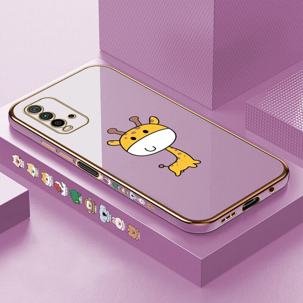 Luxury 6D Plating Case for Redmi 9T Color Cute Giraffe Side Pattern Back Cover Soft Silicone Square Frame Shiny Bling Phone Cases + Free Lanyard