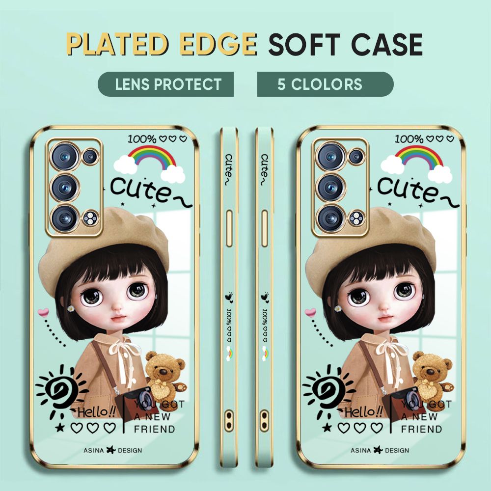 Luxury 6D Plating Case for OPPO Reno6 Pro 5G Back Cover Cute Satchel Girl Side Pattern Soft Silicone Square Phone Cases