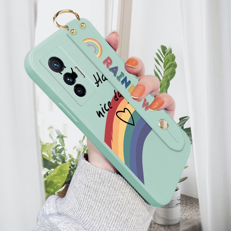 ZeroQiQi for Vivo X70 5G Wrist Strap Case Lovely Graffiti Rainbow Smile Thin Phone Cover Square Edge Liquid Silicone Creativity Phone Case