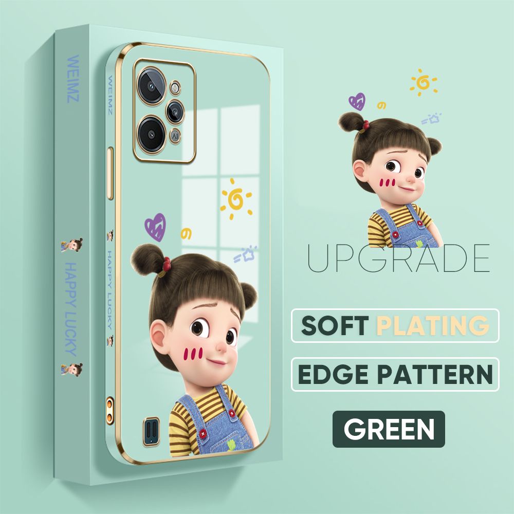 Jizetin (Free Lanyard) Realme C31 Back Cover Double Ponytail Girl Luxury 6D Plating Case Side Pattern Soft Silicone Square Mobile Phone Cases