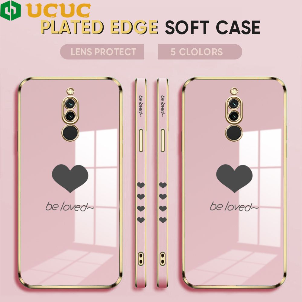 UCUC for Redmi 8 Back Cover + Free Lanyard Lover Heart Luxury 6D Plating Case Side Pattern Soft Silicone Square Phone Cases