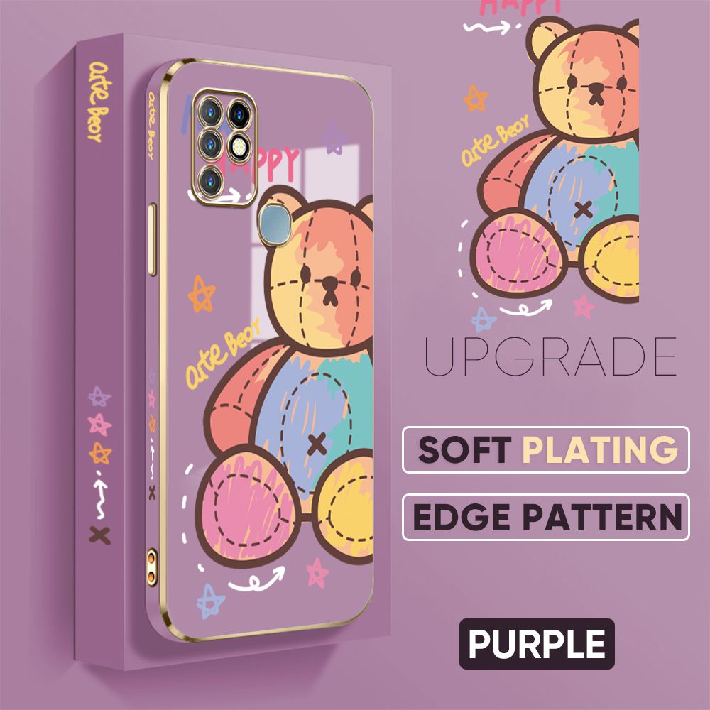 Jizetin (Free Lanyard) Infinix Hot 10 Back Cover Color Bear Luxury 6D Plating Case Side Pattern Soft Silicone Square Phone Cases
