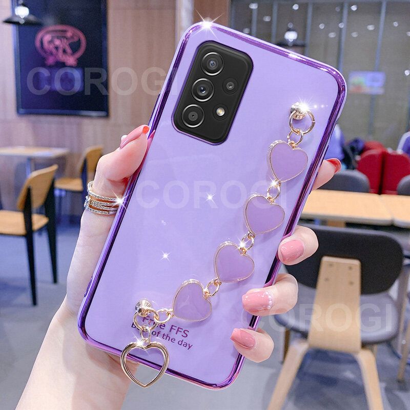 For Samsung Galaxy A72 Cover + Love Heart Bracelet Fashion Shiny Wrist Chain Plating Bumper Slim Phone Case Soft TPU Silicone Shockproof Protective Back Cover