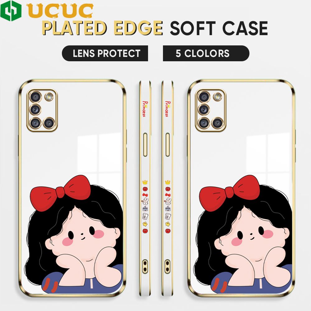 UCUC for Samsung Galaxy A31 Back Cover + Free Lanyard Cute Gir Luxury 6D Plating Case Side Pattern Soft Silicone Square Phone Cases