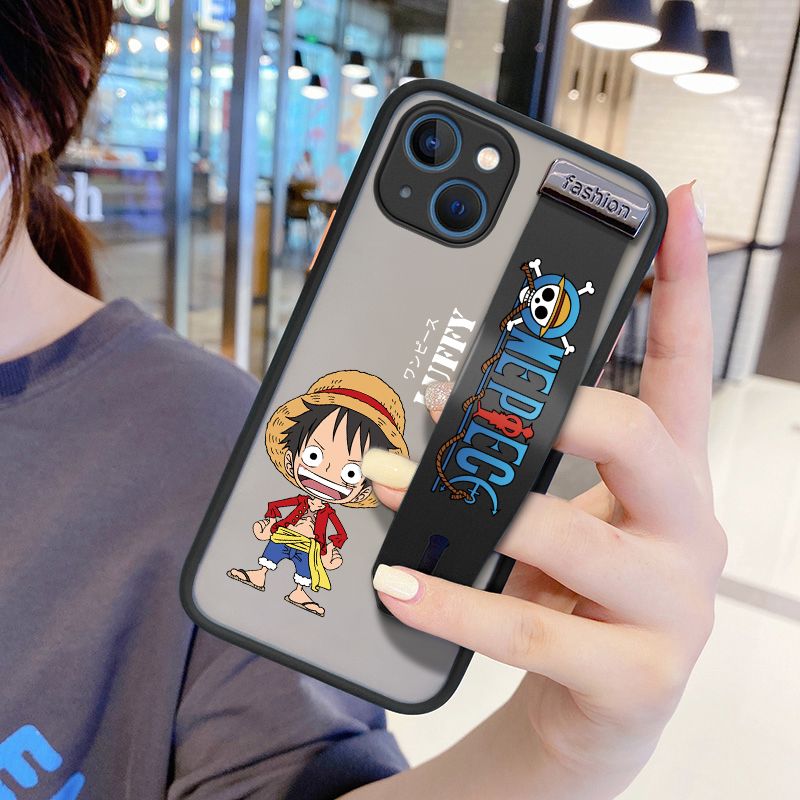 UCUC for iPhone 13 Mini Wrist Strap Case Anime One Piece Luffy Wristband Printing Cover Shockproof Frosted Phone Case
