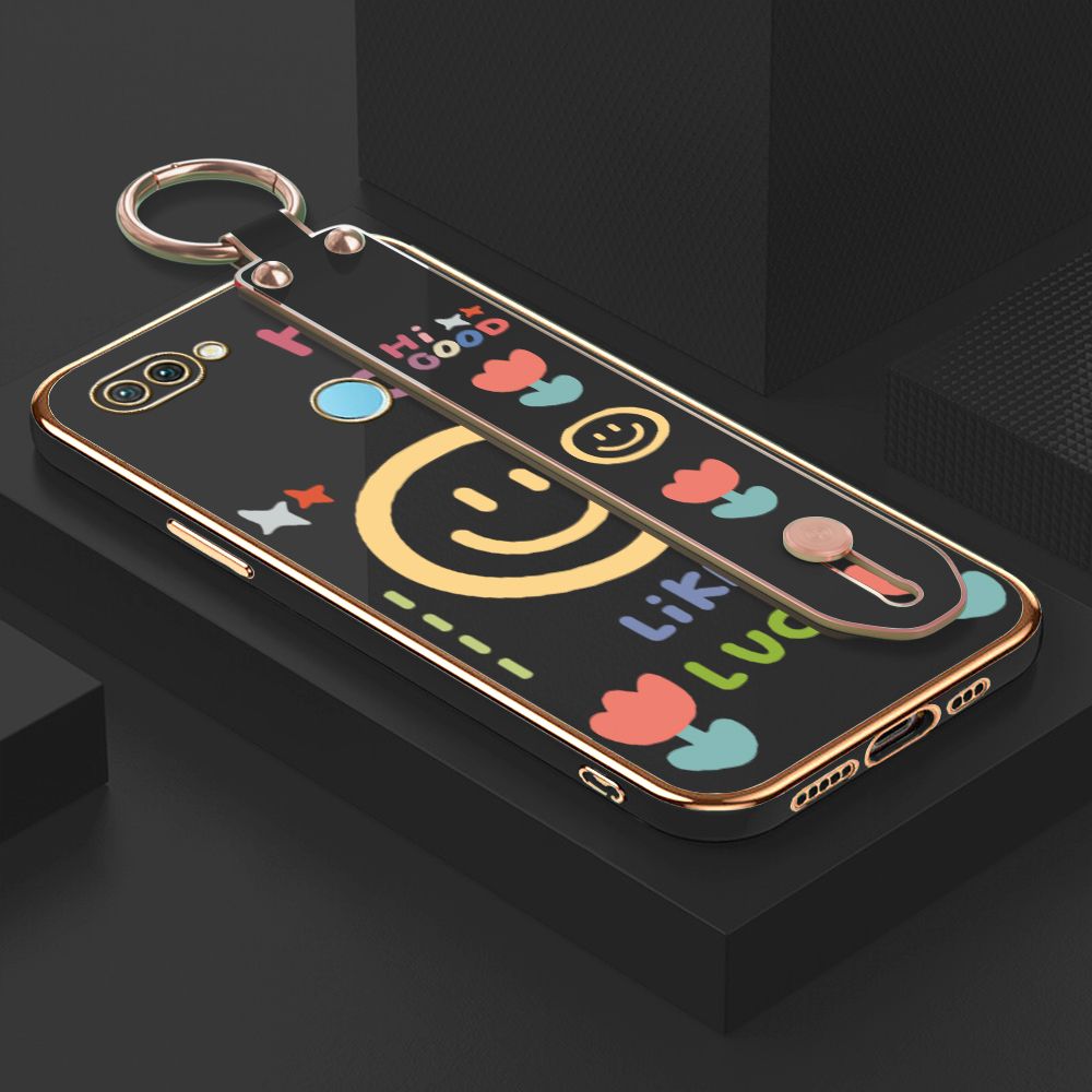 ZeroQiQi for OPPO F9 / Realme 2 Pro / U1 Wrist Strap Back Cover Flower Smiley Fashion Luxury 6D Plating Soft Casing Silicone Square Frame Phone Case
