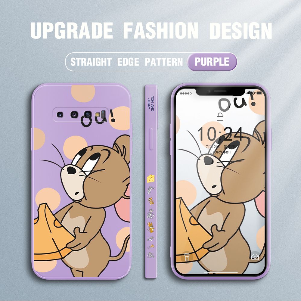 Jizetin for Samsung Galaxy S10 Plus Case Tom and Jerry Design Side Design Phone Case Square Edge Pattern Liquid Silicone Cases Full Cover Camera Shockproof Protective Case