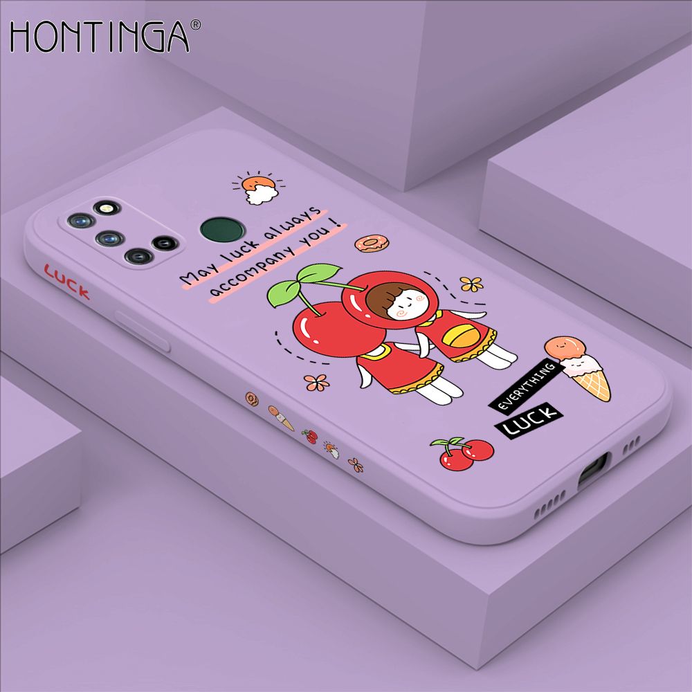 Hontinga for Realme C17 Case Side Design Cute Cherry Girl Back Cover Soft Square Edge Pattern Liquid Silicone Trend Phone Cases
