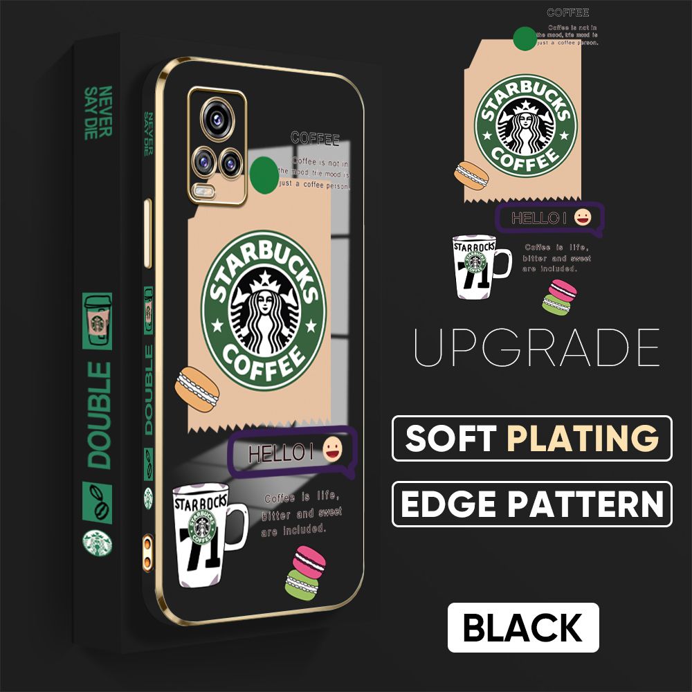 Jizetin (Free Lanyard) Vivo V20 / V20 2021 Back Cover Two Coffee Macaron Luxury 6D Plating Case Side Pattern Soft Silicone Square Mobile Phone Cases