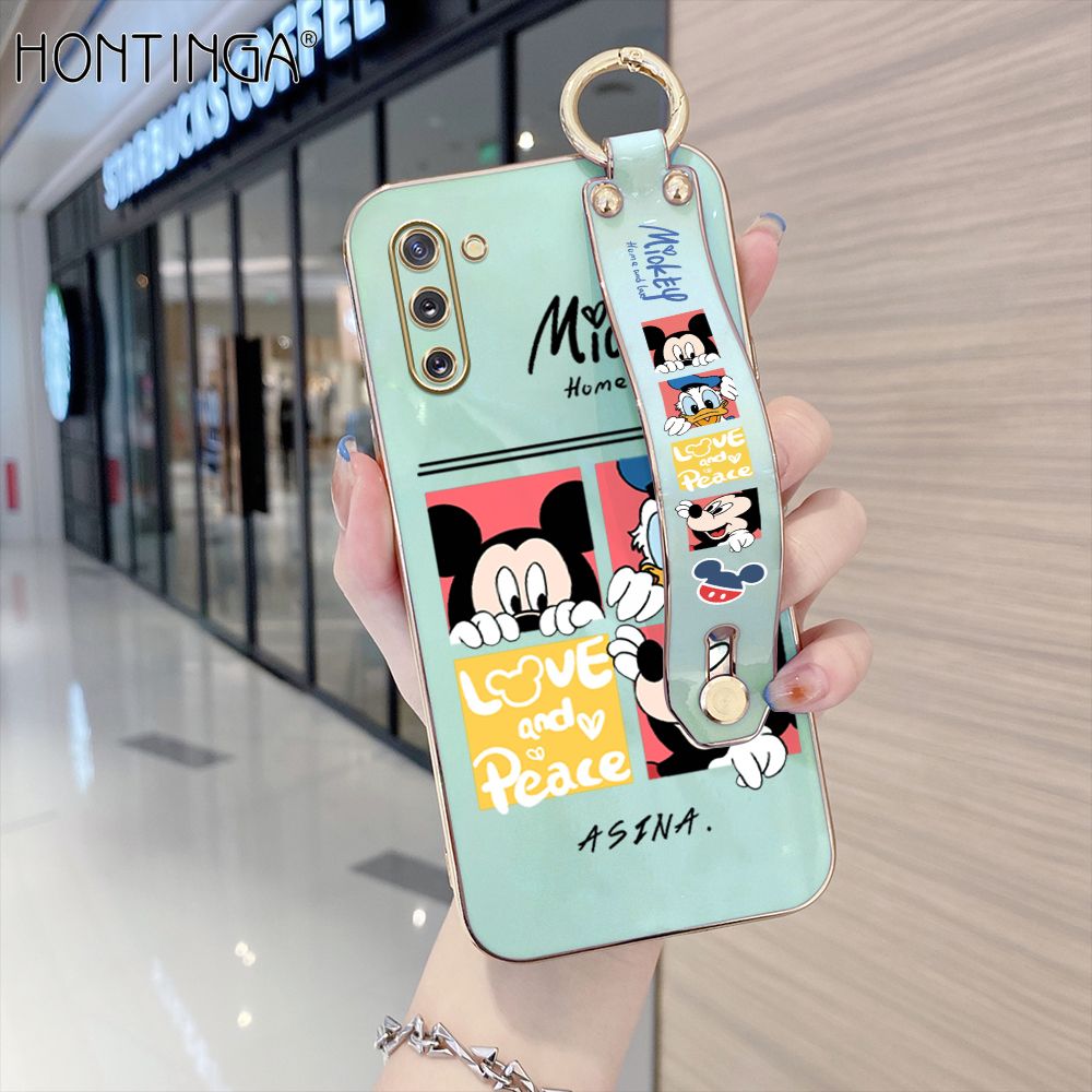 Hontinga for Samsung Galaxy Note 10 5G / 4G Back Cover With Wristband Luxury 6D Plating Cartoon Case Soft Silicone Square Phone Cases