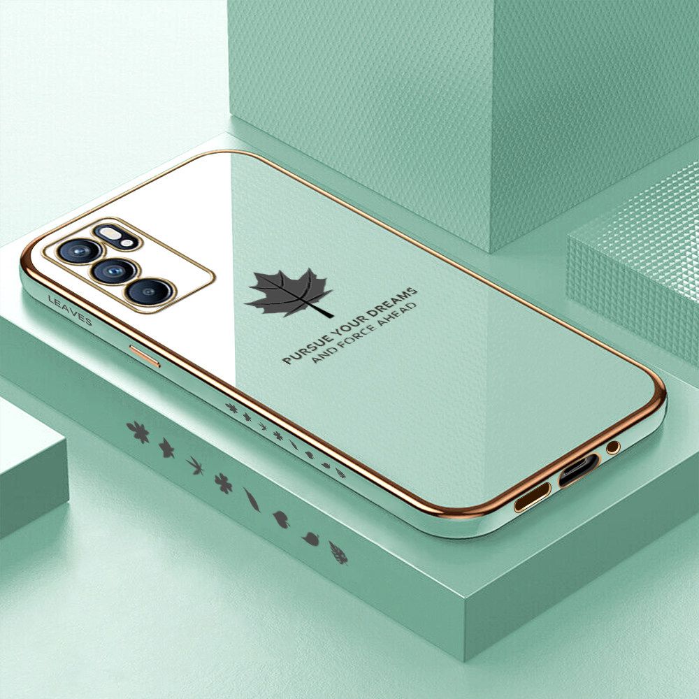 Luxury 6D Plating Soft Casing Silicone Square Frame Phone Case For OPPO Reno6 5G Case Shiny Bling Back Cover New Maple Leaf Square Edge Pattern Design Soft Case + Free Lanyard