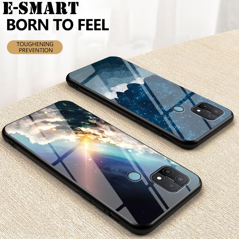 Phone Case Realme C11 2021 Back Cover Starry Moon and Star Tempered Glass Protector Couple Phone Cases for Realme C11 2021 Case