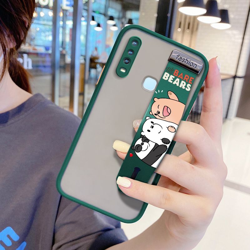 UCUC for Vivo Y15 Wrist Strap Case Cute Cartoon Three Little Bears Wristband Printing Cover Shockproof Frosted Phone Case