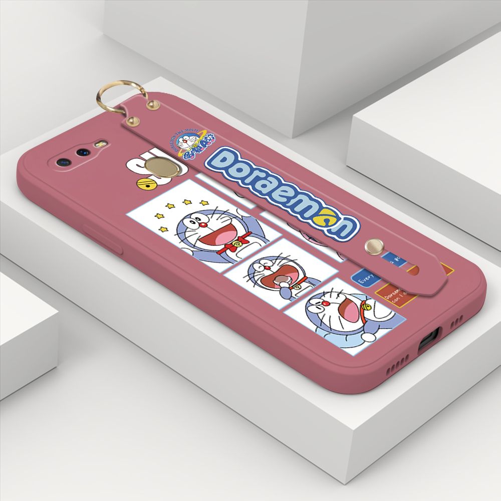Hontinga for OPPO A5S Wrist Strap Case Cute Cute Cartoon Blue Cat Daily Life Cover Square Edge Liquid Silicone Creative Phone Protective Cases