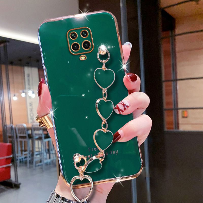 For Xiaomi Redmi Note 9S Cover, with Luxury Love Heart Bracelet Fashion Plating Soft Phone Cover Case Pretty Girls Woman Cases Soft Silicone Bumper Shockproof Protection Back Cover