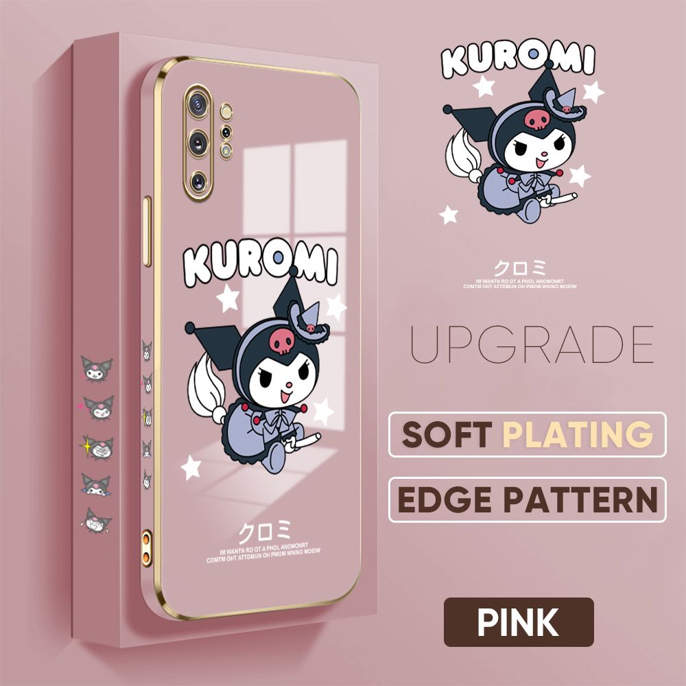 Jizetin (Free Lanyard) Samsung Note 10 Plus Back Cover Kuromi Luxury 6D Plating Case Side Pattern Soft Silicone Square Phone Cases