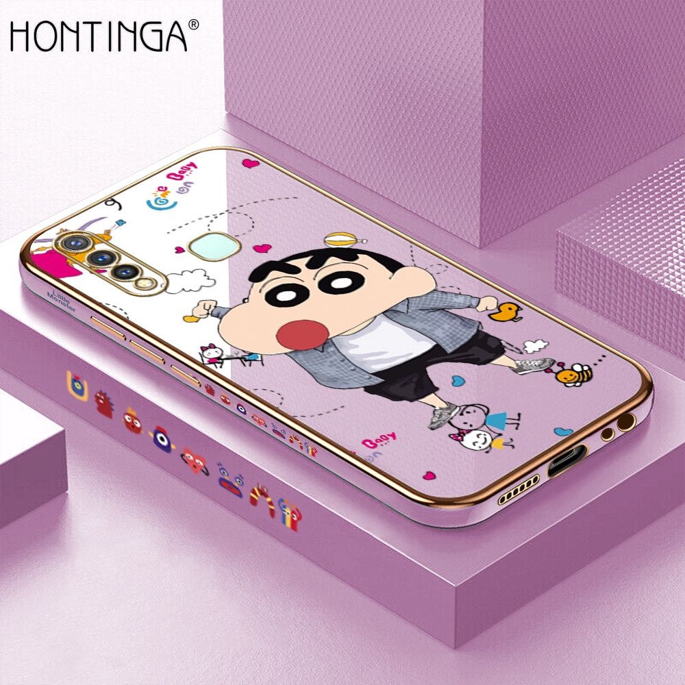 Hontinga for Vivo Y19 Back Cover + Free Lanyard Luxury 6D Plating Cartoon Crayon Shin-chan Side Pattern Case Soft Silicone Square Phone Cases