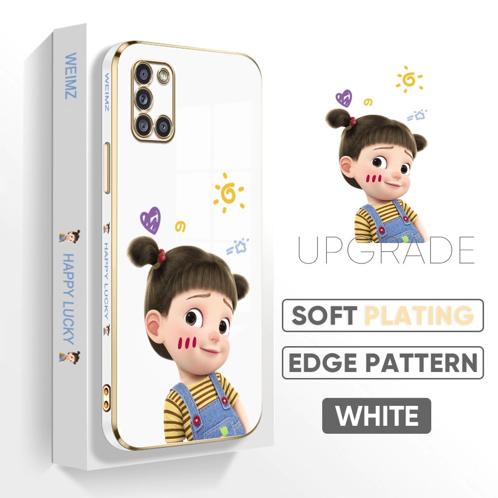Jizetin (Free Lanyard) Samsung Galaxy A31 Back Cover Double Ponytail Girl Luxury 6D Plating Case Side Pattern Soft Silicone Square Mobile Phone Cases