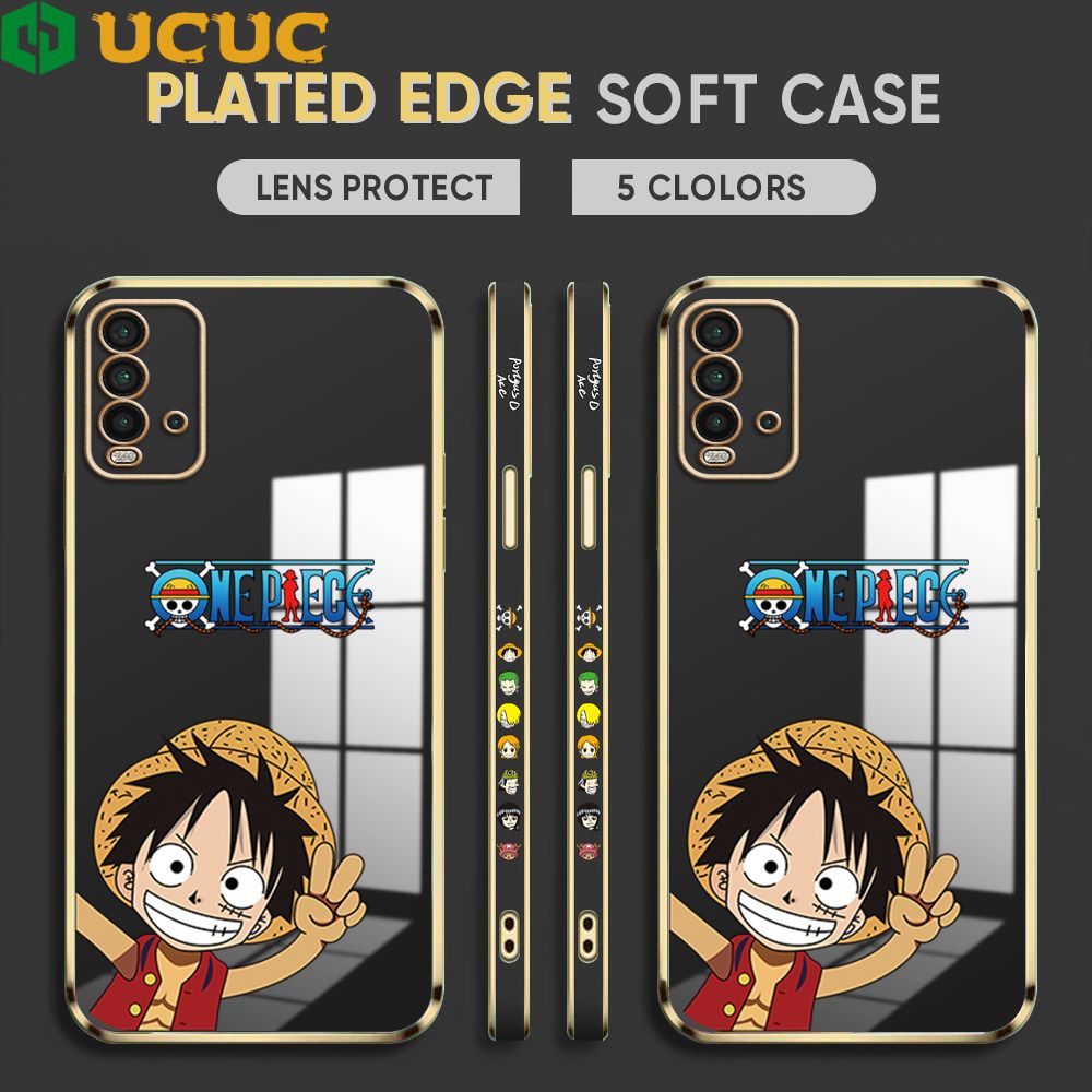 UCUC for Redmi 9 Power / Redmi 9T Back Cover + Free Lanyard Wave Luffy Luxury 6D Plating Case Side Pattern Soft Silicone Square Phone Cases