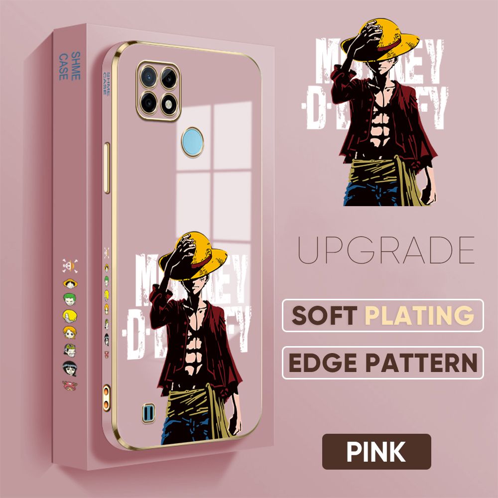 TA for Realme C25Y / Realme C21Y Back Cover + Free Lanyard Handsome Luffy Luxury 6D Plating Case Side Pattern Soft Silicone Square Phone Cases