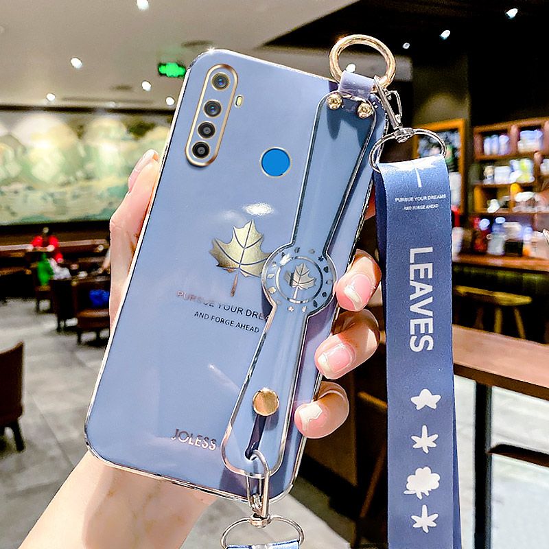 For Realme 5S Back Cover with Lanyard + Wristband Fashion Shiny Maple Leaf Plating Bumper Stand Holder Case Camera Protection Soft Silicone Mobile Phone Cases