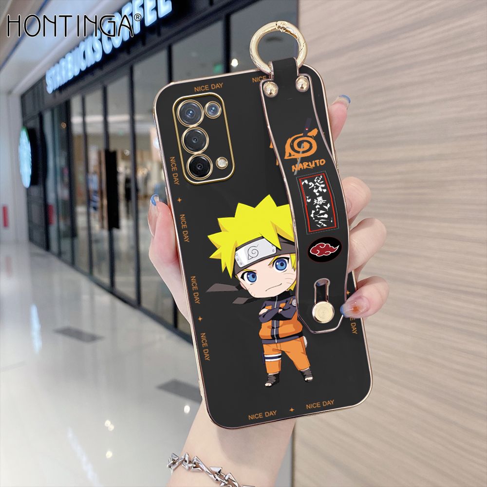 Hontinga for OPPO A74 5G Back Cover With Wristband Luxury 6D Plating Anime Naruto Uzumaki Case Soft Silicone Square Phone Cases