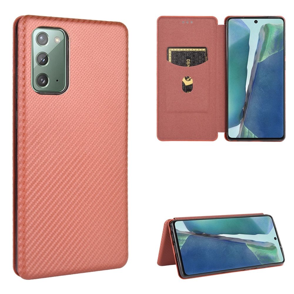 (Ready Stock)For Samsung Galaxy Note20  Carbon Fiber Texture Magnetic Horizontal Flip TPU + PC + PU Leather Case with Card Slot(Brown)