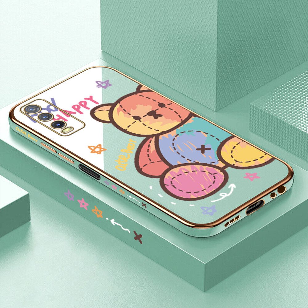 Luxury 6D Plating Case for Vivo Y20 Color Cartoon Doll Bear Side Pattern Back Cover Soft Silicone Square Frame Shiny Bling Phone Cases + Free Lanyard