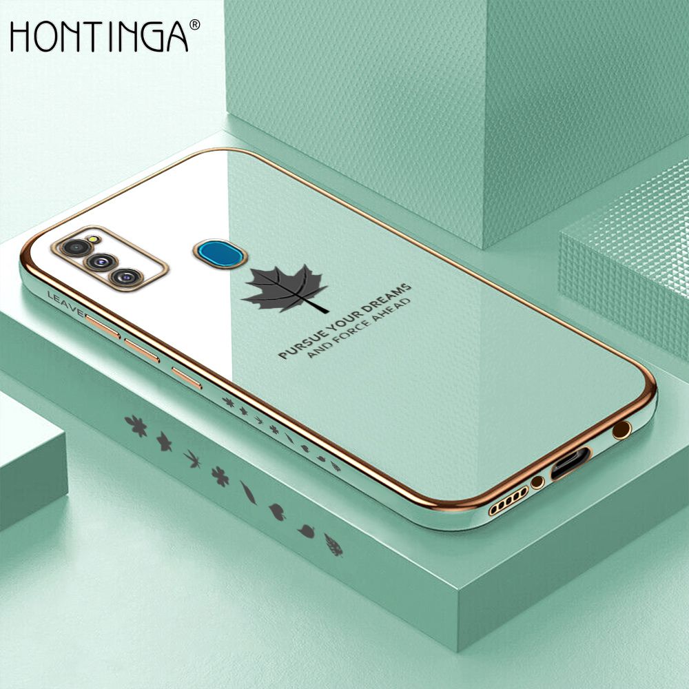 Hontinga for Samsung M21 M30S Back Cover + Free Lanyard Luxury 6D Plating Shiny Maple leaf Phone Case Soft Silicone Square Mobile Cover