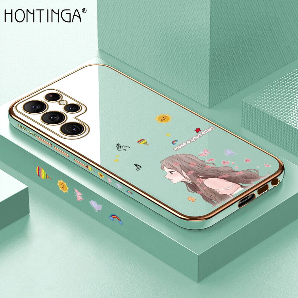 Hontinga for Samsung Galaxy S22 Ultra 5G Back Cover + Free Lanyard Luxury 6D Plating Sunshine Girl Side Pattern Case Soft Silicone Square Phone Cases