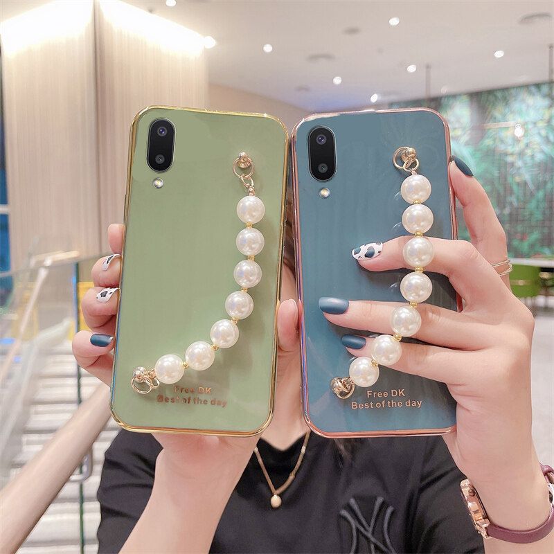 Phone case Samsung Galaxy A02 Soft Case Transparent Plating Electroplating Shiny Cases + Pearl Bracelet For Samsung A02 Cover