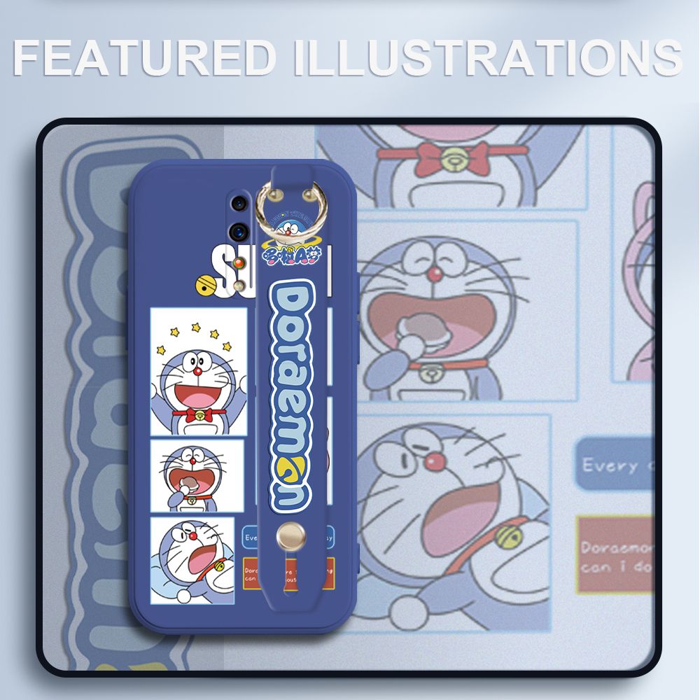 UCUC for OPPO Reno Z Wrist Strap Case Creative Cartoon Doraemon's Daily Life Cover Ultra Thin Anti Fall Liquid Silicone Phone Case