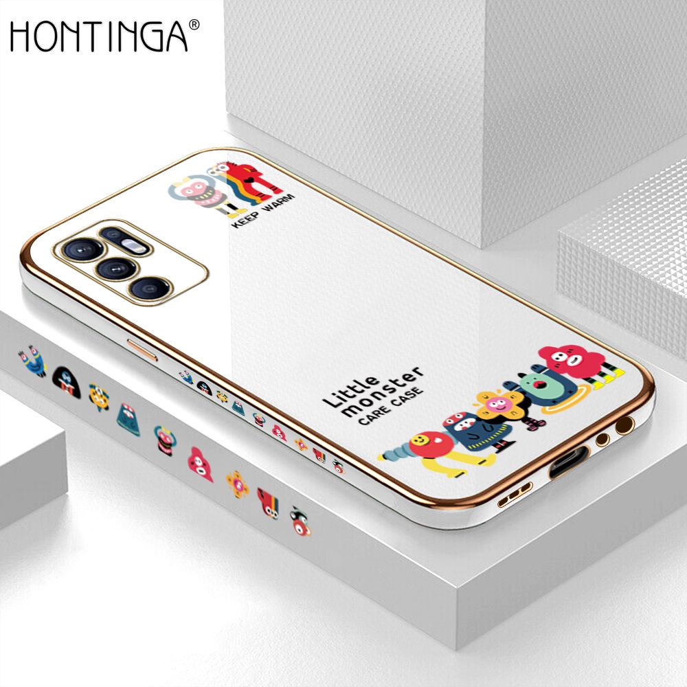 Hontinga for OPPO Reno6 Back Cover + Free Lanyard Luxury 6D Plating Cute Mobs Collection Side Pattern Case Soft Silicone Square Mobile Cover