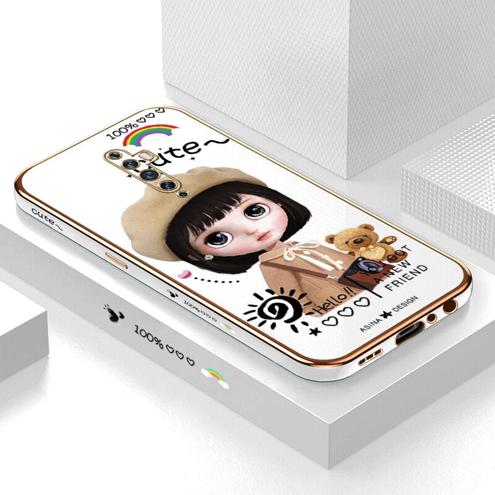 Luxury 6D Plating Soft Casing Silicone Square Frame Phone Case For OPPO Reno2 F Case Shiny Bling Back Cover Cute Girl With Shoulder Bag Square Edge Pattern Design Soft Case + Free Lanyard