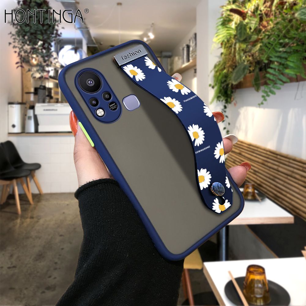 Hontinga for Infinix Hot 11S With Wristband Case Popular Little Daisy Frosted Cover Edge Full Lens Protection Phone Cases