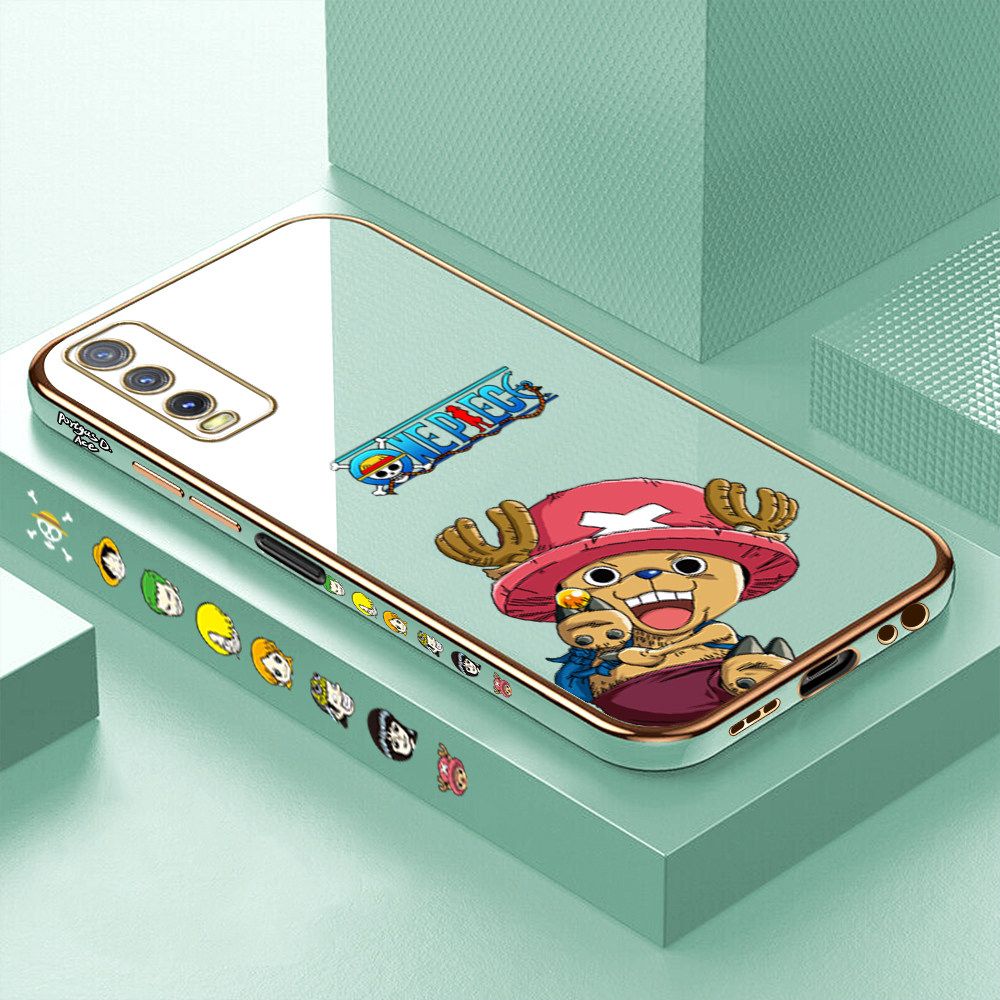 Luxury 6D Plating Case for Vivo Y20i Cartoon Anime Choba Side Pattern Back Cover Soft Silicone Square Frame Shiny Bling Phone Cases + Free Lanyard